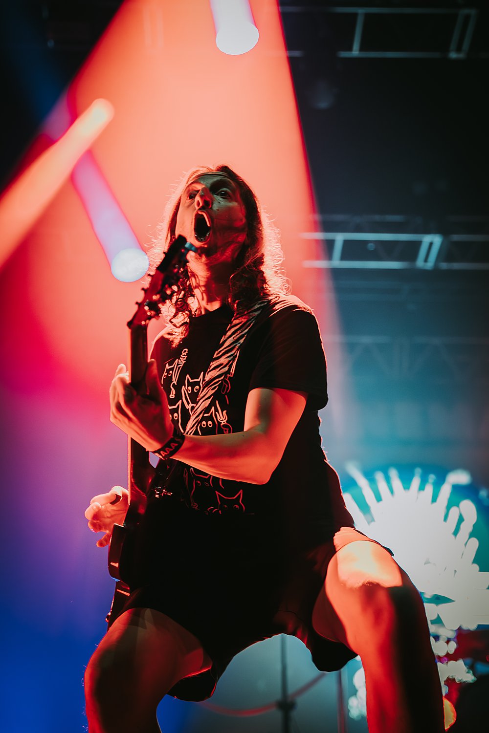 Concert Ultra Vomit, chanteur guitariste hurlant au micro, éclairage rouge et bleu